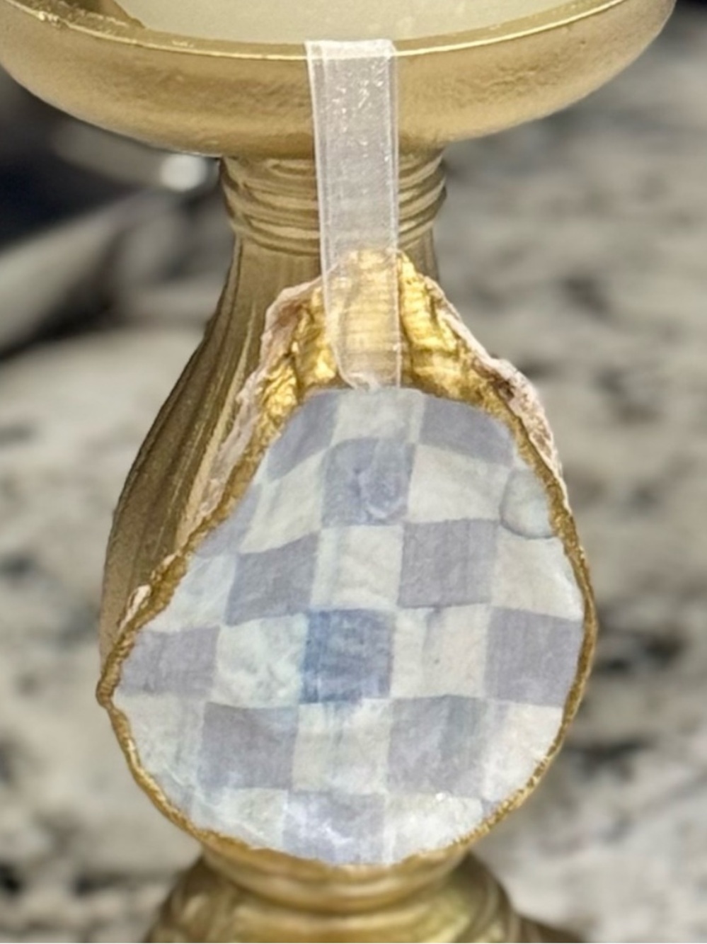 Hand Crafted Sterling Check Oyster Shell Ornament 3.5”